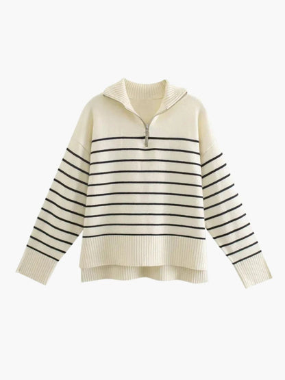 Damski Sweter w Paski | Zamek Half-Zip i Długi Rękaw