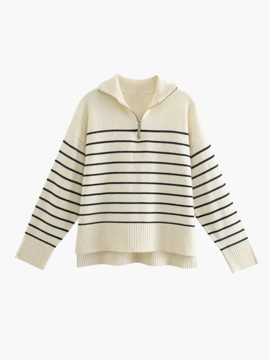 Damski Sweter w Paski | Zamek Half-Zip i Długi Rękaw